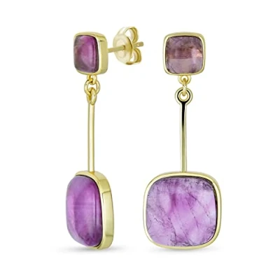 Image of Elegant Simple Geometric Gemstone Natural Briolette Purple Amethyst Square Bar Dangle Earrings For Women 18K Yellow Gold Plated