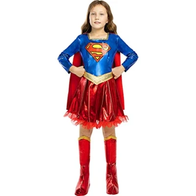 Image of Funidelia Deluxe Supergirl Costumes for girl Kara Zor El, Superheroes, DC Comics Costume kids, accessory fancy dress &amp; props Halloween, carnival parties Size 7 9 years Red