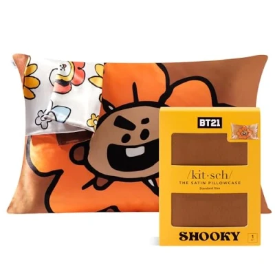Image of BT21 x Kitsch Satin Pillowcase with Zipper Closure, Softer Than Mulberry Silk Pillow Cases Standard Size 1 Pack, Cooling Covers Queen for Hair, Skin Health &amp; Beauty Sleep (19x26 in, Shooky)