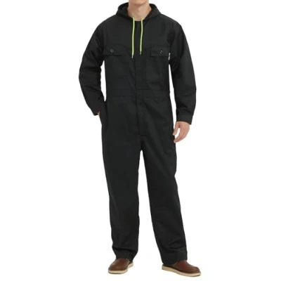 Image of Yukirtiq Mens Hooded Overall Work Wear Dungarees Coverall Polycotton Boiler Suit Hard Wearing Mechanics Boilersuit, Black, S