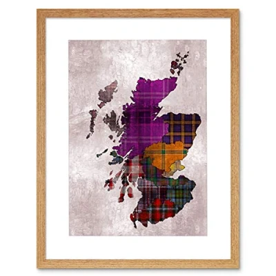 Image of Wee Blue Coo Painting MAP Outline Scotland Tartan Inset Regions Framed Print F97X6524