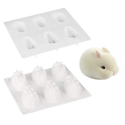 Image of Silicone Moulds, 6 Cavity Cute Rabbit Shaped Baking Bakeware Mold for Cake, Dessert, Soap, Jelly, Bread, Pudding, Muffin, Chocolate