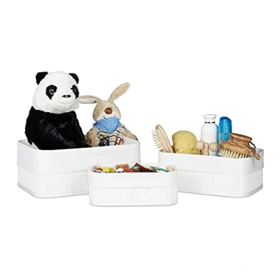 Image of Relaxdays Bamboo Bathroom Baskets, HxWxD13 x 30 20 cm, Set of 3 Shelf Bins with Cloth Insert, White