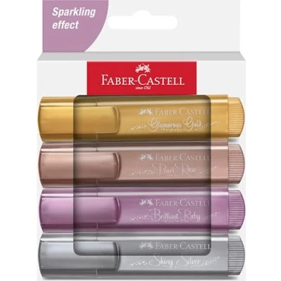 Image of Faber Castell 254674 Metallic Highlighter Pens with Precision Chisel Tip, Bright Colours, Ergonomic Flat Design, Set of 4