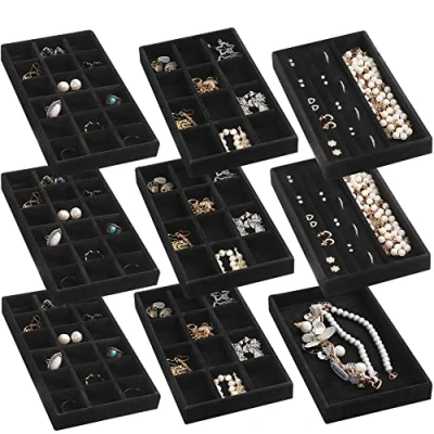 Image of Frebeauty Jewelry Organizer Tray,Stackable Velvet Trays,Drawer Inserts Earring for Women Girls Storage Display Case Rings Stud Necklaces,Set of 9(Black)