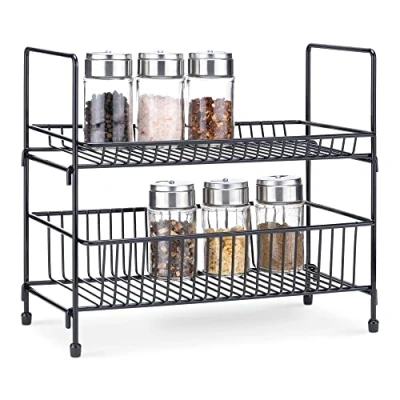 Image of Navaris 2 Tier Spice Rack Kitchen Countertop Free Standing Organiser for Spices, Herbs, Seasonings Metal Storage Stand Ingredients Black