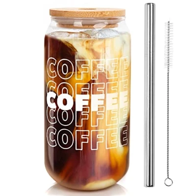 Image of Mason Life Iced Coffee Cup, Cups with Lids and Straws, Beer Can Glass Straw, Glasses Shaped Cups, 20OZ Drinking Glasses, Smoothie