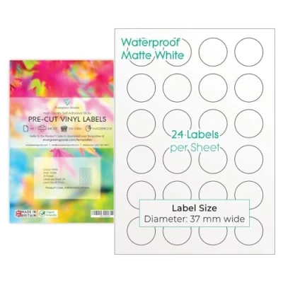 Image of Evergreen Goods™ A4 Round Precut Sticker Labels Waterproof Matte White 37mm (24 per Sheet, 240 in Total) 10 Sheets Inkjet Laser Printable Sticky Back Self Adhesive Circular Circle Vinyl