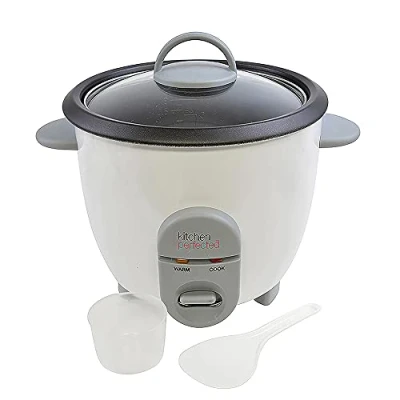 Image of Kitchen Perfected 350W 0.8Ltr Automatic Rice Cooker Non Stick / Removable Bowl Warm &amp; Cook Indicators Toughened Glass Lid Measuring Cup Spatula Recipes Included White E3302