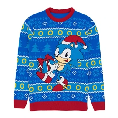 Image of SONIC THE HEDGEHOG Mens Christmas Jumper Adults Ladies Video Game Movie Festive Navy Knitted Sweater Xmas Gifts for Him Her