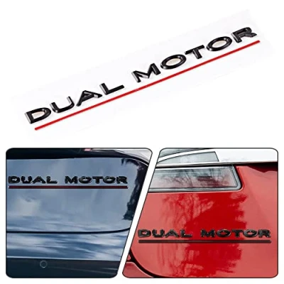 Image of 3D Raised Logo Tailgate Insert Letters Rear Emblems Compatible for Tesla Model 3/S/X/Y,3M Adhesive Backing,Matt Black,Dual Motor