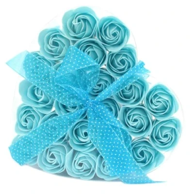 Image of Set of 24 Soap Flower Heart Box Blue Roses