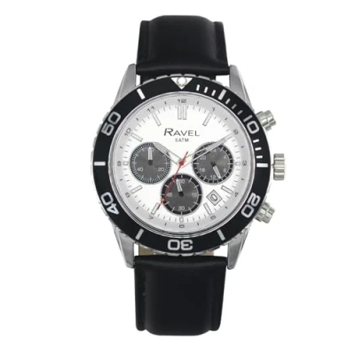 Image of Ravel Plus Men&#039;s 42mm Silver Tone Chronograph Sports Watch with Uni Directional Rotating Bezel 5ATM Japanese Analogue Quartz RP.CHR 008M Black/Black Bezel/Silver Dial