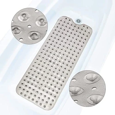 Image of ADOV Bath Mat Non Slip, Anti Bacterial Bathtub Shower Safety Mould Mats, 200 Strong Suction Cups and Drain Holes, 100 x 40 cm Extra Long Mildew Resistant Machine Washable Bathroom Kids Grey