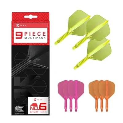 Image of TARGET Darts K Flex Integrated Dart Flights and Shafts, Short Stem (19mm), No.6 Flight, 9 pack Bundle, Neon Pink, Orange &amp; Yellow Kflex 2 In 1 Flight Stem, Professional Accessories