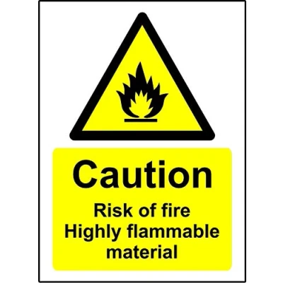 Image of Warning signs Caution risk of fire highly flammable material Safety sign 1.2mm Rigid plastic 150mm x 100mm