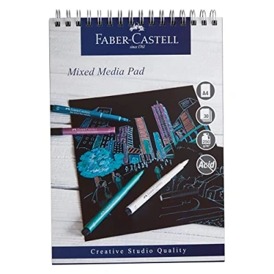 Image of Faber Castell Creative Studio Mixed Media Pad, A4, Spiral Bound Paper (Black), 250 GSM, 30 Sheets, All Media, Acrylic, Watercolour Paint, Pencils, Pastel, Charcoal, Graphite, Art, Craft, Home, School