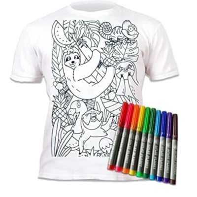 Image of Splat Planet Colour in Sloth Jungle T Shirt with 10 Non Toxic Washable Magic Pens and Wash Out (3 4 Years) White