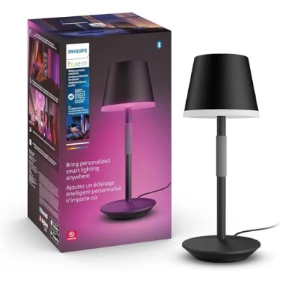 Image of Philips Hue Go Smart Portable Table Lamp [Downlight Black] White &amp; Colour Ambiance LED with Bluetooth. for Home Indoor Lighting, Bedroom, Livingroom, Diningroom, Office. Works Alexa