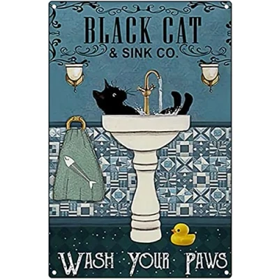 Image of Cat &amp; Sink Co Wash Your Paws Bathroom Decor Vintage Metal Signs Home Decorative Plates Bar Rules Wall Plaques 8X12inch