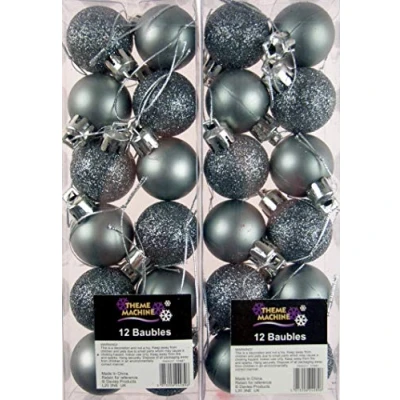Image of Set Of 24 Mini Christmas Shine Glitter Tree Baubles Decorations Graphite Silver/Dark Grey