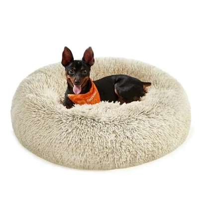 Image of Feandrea Dog Bed, Donut Cat Fluffy Calming Pet Bed with Removable, Washable Cover, Soft Long Plush, 60 cm, Khaki