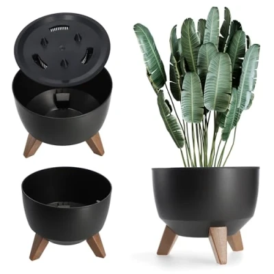 Image of KADAX Elevated Plant Pot, Large Plastic Planter with Legs for Indoor and Outdoor Use, Durable Round Houseplants (⌀ 24 cm, Black)