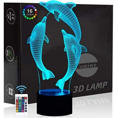 Image of Comiwe Dolphin 3D Illusion Night Light Toys,16 Colours Change Smart Touch &amp; Remote Control,Home Decor LED Bedside Table Desk Lamp,Christmas Birthday Gift for Girls Boys Kids Adults Friends Family