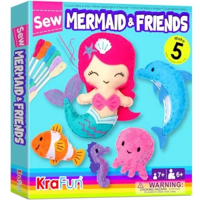 Image of KRAFUN Mermaid Sea Animals Beginner Sewing Kit for Kids Craft kit, Includes 5 Plush Dolls, Instructions &amp; Felt Materials Learn to Sew, Embroidery Skills, Gift Girls Educational