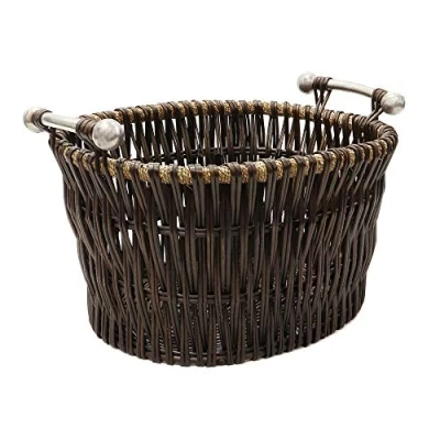 Image of JVL Vertical Weave Oval Log Basket with Metal Handles, Brown, Medium