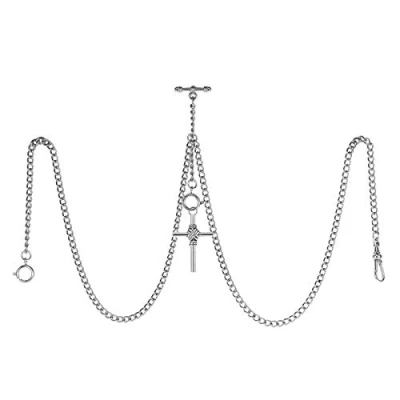 Image of TREEWETO Men&#039;s Double Albert Chain Pocket Watch Curb Link Key 3 Hooks with Antique Cross Silver Pendant Design Charm Fob T Bar