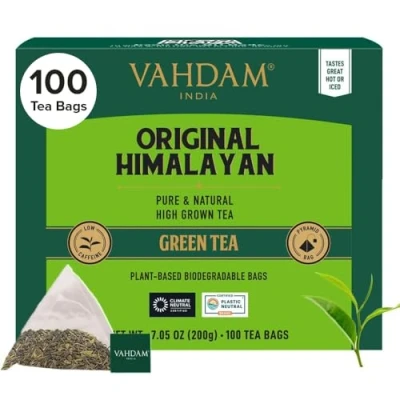 Image of VAHDAM, Original Himalayan Green Tea (100 Count) High Grown, Non GMO, Gluten Free, Low Caffeine Earthy &amp; Smooth Plant Based Pyramid Bags