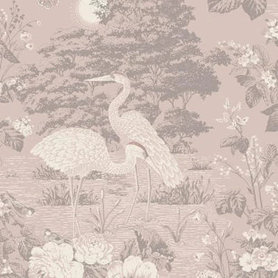 Image of Belgravia Decor Izumi Crane Themed Elegant Oriental Japanese Wallpaper Ideal for Living Rooms, Contemporary Bedrooms, Dining Areas and Restroom Wall Covering in Pink 741