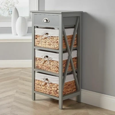 Image of Home Source Grey Wooden Storage Unit Chest Water Hyacinth Basket Bedroom Organiser, Engineered Wood, 3 Drawer