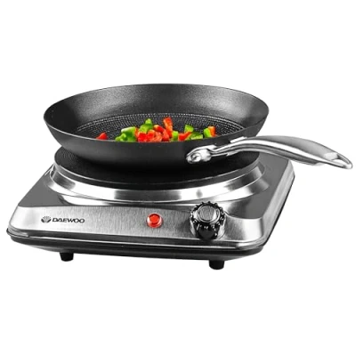 Image of Daewoo Stainless Steel Single Hot Plate Portable &amp; Compact Cast Iron Heating Element On/Off Indicator Lights Non Slip Feet Durable Housing Black/Silver