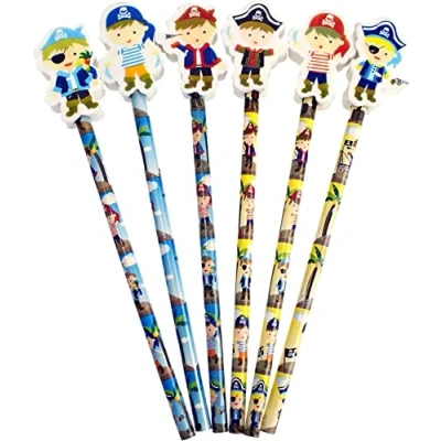 Image of 12 x Little Pirate Pencils With Large Shaped Eraser Topper. Ideal Party Bag Filler, End of Term Gift.