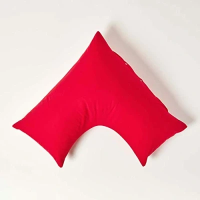 Image of HOMESCAPES Red Pure Egyptian Cotton V Shape Pillowcase 200 TC 400 Thread Count Percale Equivalent Pillow Case For Nursing Pregnancy and Elderly