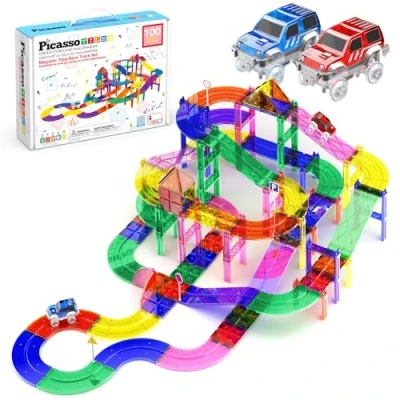 Image of PicassoTiles Race Car Track Magnet Toy_Building_Block Educational Set, 2 LED Cars STEM Learning Construction Building Kit for Kid Brain 100 Piece