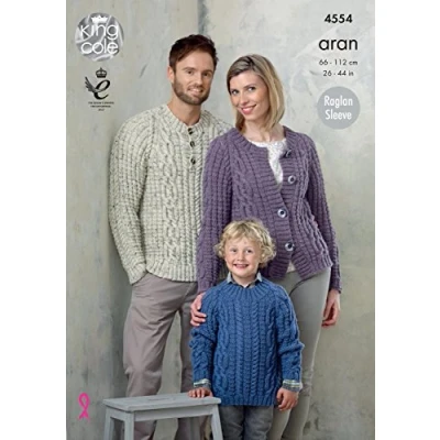 Image of King Cole 4554 Knitting Pattern Family Cable Raglan Sweater and Cardigan in Fashion Aran
