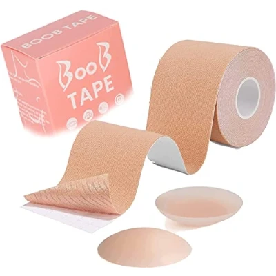 Image of WROLY Boob Tape, Self Adhesive Strapless Boobtapes, Bob Tape for Large Breasts with 2 Pcs Nipple Covers and Breast Lift Stretchable Longer Than Regular Rolls (Skin)