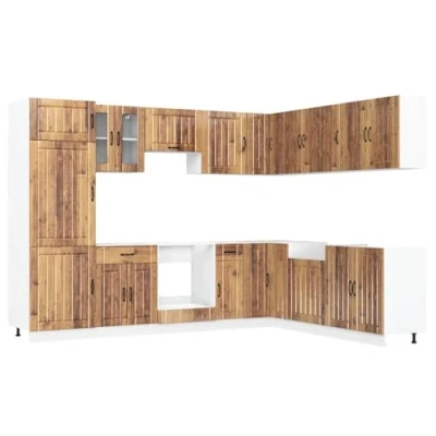 Image of vidaXL Lucca Kitchen Cabinet Set / 14 Piece Old Wood Color Engineered Wood/Modern Style/Adjustable Feet/Ample Storage Space