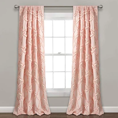 Image of Lush Decor, Blush Ruffle Diamond Curtains Textured Window Panel Set for Living, Dining Room, Bedroom (Pair), 84 x 54