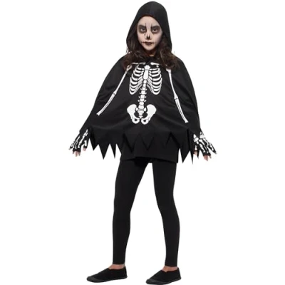 Image of Smiffys Skeleton Kit, Black &amp; White with Poncho Gloves, Halloween Child Fancy Dress, Dress Up Accessories