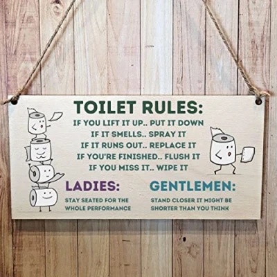 Image of Second Ave Funny Joke Toilet Rules Wooden Hanging Gift Rectangle Home Bathroom Sign Plaque