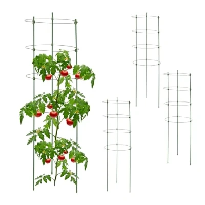 Image of Relaxdays Plant Support, Set of 4, Climbing Aid for Plants &amp; Flowers, Metal Plastic, Trellis 91cm Tall, 4 Rings, Green