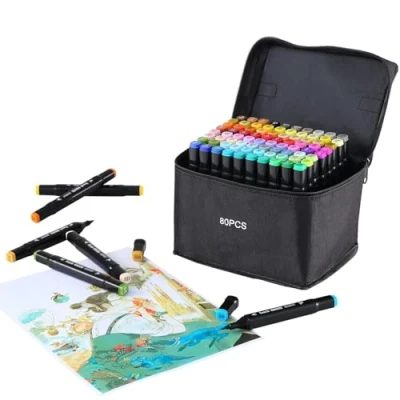 Image of SOSINYA 80 Colours Dual Tip Art Markers Set, Felt Pens for Adults, Permanent Alcohol Marker Drawing,Sketching,Anime,Manga with Carrying Case and Storage Base