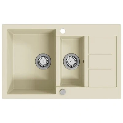 Image of vidaXL Beige Granite Kitchen Sink Double Basin Design, Heat/Scratch Resistant, Basket Strainer, Reversible Overmount Installation, 800x500mm