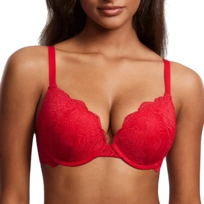Image of DOBREVA Women&#039;s Push Up Lace Bra Sexy Plunge Padded Underwire Support Bras Lift Lipstick Red 36D