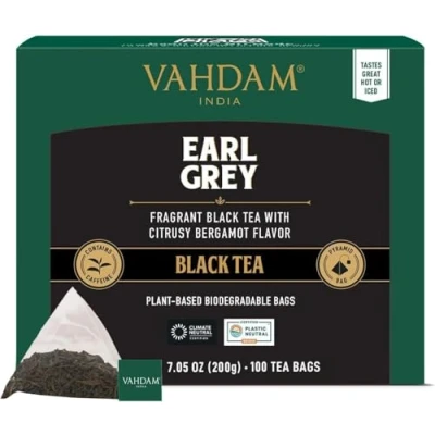 Image of VAHDAM, Earl Grey Black Tea Bags (100 Count) Medium Caffeine, Non GMO, Gluten Free Citrus Bergamot &amp; Smooth Resealable Ziplock Pouch Plant Based