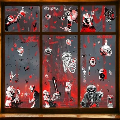 Image of OWill Halloween Window Stickers, 9 Sheets Decorations Horror Bloody Stickers Skeleton Bat Spider Eyeball Clings for Party Decoration